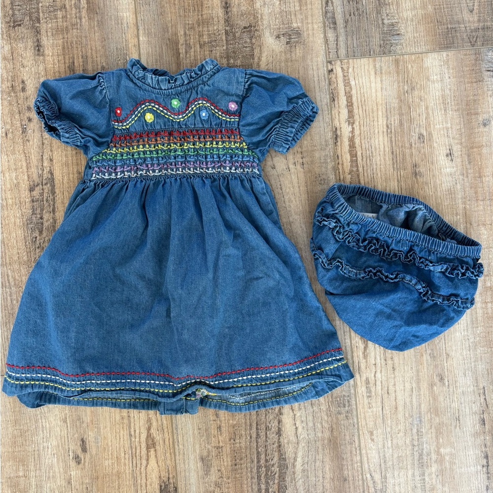 Baby Boden Denim Blue Smocked Dress with Rainbow Embroidery